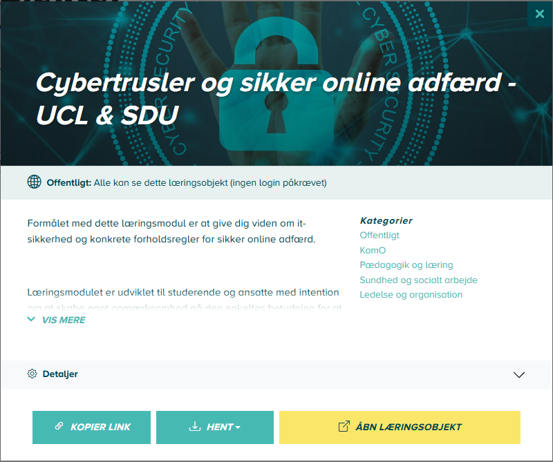Vinduet Info og deling med adgangsniveauet Offentligt og knapper til at kopiere link, hente QR-kode og åbne læringsobjektet